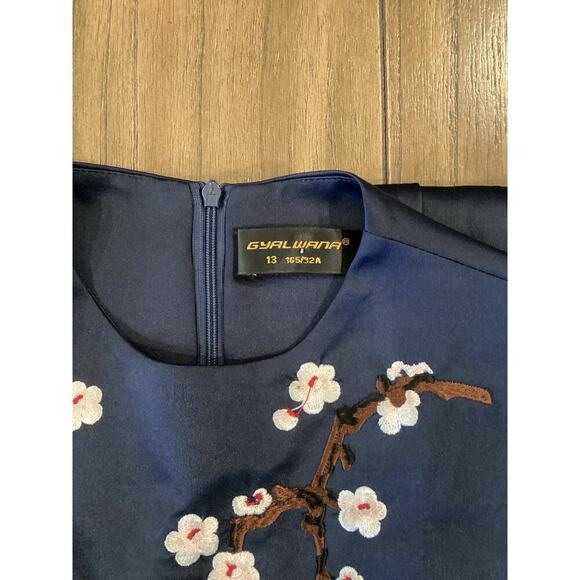 Gyalwana Embroidered Floral cherry blossom satin flare swing mini Dress 13 M/ L - Picture 9 of 13